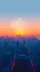 Fototapeta premium Minimalist Digital Cityscape at Vibrant Sunrise with Serene Color Palette