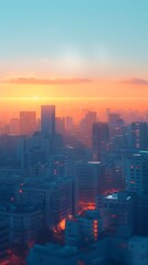 Fototapeta premium Majestic Cityscape at Sunrise A Minimalist Digital Artwork of Geometric Skyscrapers and Vibrant Color Palette
