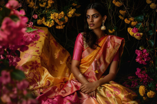 indian beauty women wear pink and yellow shine saree sit on dark flowers background