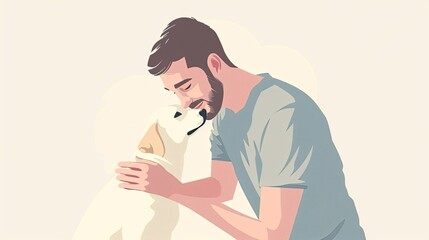 Minimalist illustration of a man gently petting a dog and smiling, clean lines and flat colors, white background, simple and modern style, half-body shot, hyper-realistic, high detail, photorealistic