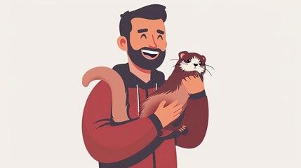 Obraz premium Minimalist illustration of a man holding a ferret and smiling, clean lines and flat colors, white background, simple and modern style, half-body shot, hyper-realistic, high detail, photorealistic