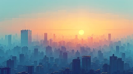 Fototapeta premium Minimalist Digital Artwork of a Vibrant Cityscape at Sunrise with Geometric Shapes and Soothing Color Palette