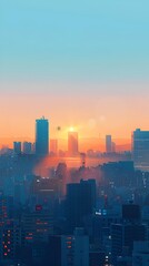 Fototapeta premium Majestic Cityscape at Sunrise with Geometric Skyscrapers and Vibrant Color Palette