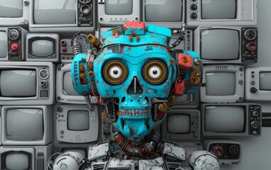 A robotic skull with large eyes stares out from a wall of vintage televisions.
