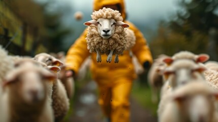 Naklejka premium A sheep leaps in mid-air towards a person in a yellow raincoat, as a flock of sheep watches on.