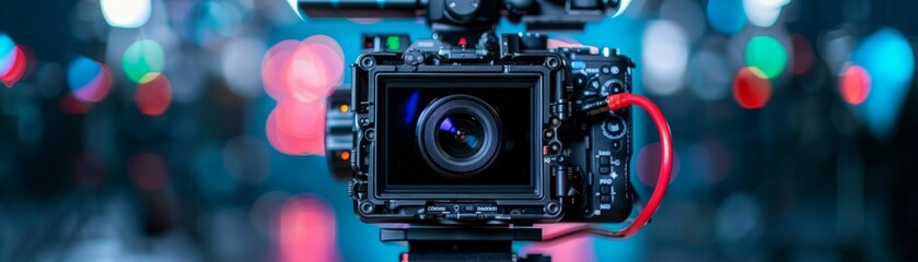 Close up of a video camera lens with blurred lights in the background.