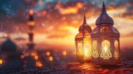 Fototapeta premium islamic ramadan background, eid al fitri, iftar, eid al adha, beautiful mosque and lantern background