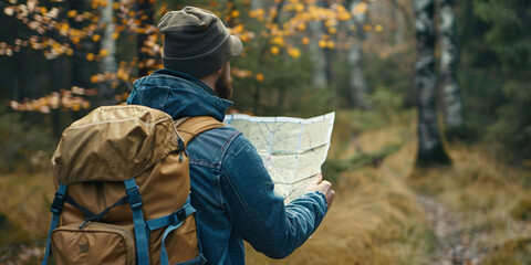 Caucasian Young man Navigating with Map on a Hiking Trip. travel concept