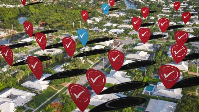 Florida neighborhood with presidential election vote icons. Animated markers indicate voting results. Primarily republican wealthy neighborhood in suburb. Aerial hyper lapse.