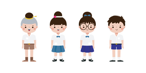 cute cartoon thai students character, back to school, vector Illustration flat style on white background