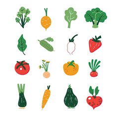 Fototapeta premium Fun Vegetable Illustration Set, Farm Fresh Organic Food Art, Garden Labels, Agriculture Marketing Icon Brand Label, Grocery Market Business Design Concept Artwork, Vegetarian Vegan Ingredients Menu