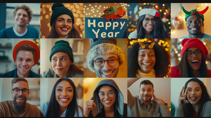 Virtual Celebration Friends and family on a video call, all holding up Happy New Year signs or wearing festive hats, highlighting the virtual celebration trend