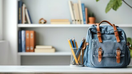 School desk scene with backpack and school accessories like books and pencils, isolated on a white background with ample copy space
