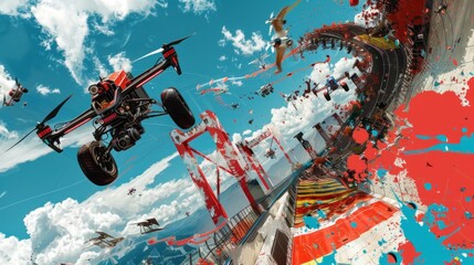 Drone Flight Over a Cityscape with Paint Splatter