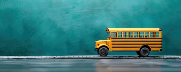 Yellow school bus arriving on a green background, with school accessories and books, isolated with copy space for backtoschool themes