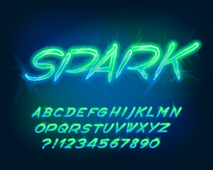 Spark alphabet font. Distorted neon color letters and numbers. Stock vector typescript for your design.