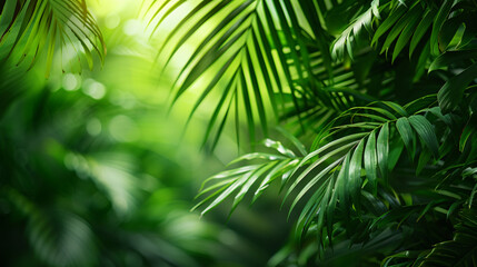 Lush and vibrant green palm leaves on a deep, rich green background, evoking a tropical atmosphere and a sense of serenity and relaxation. Ideal for use in tropical-themed designs,...