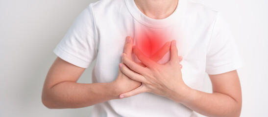 Woman hold Chest pain due to Respiratory and Cardiovascular system failure. Lung Cancer, Asthma...