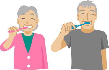 並んで歯磨きをするシニア夫婦のイラスト
