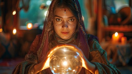 A splendid fortune teller woman gazes into the future with a mystical crystal ball