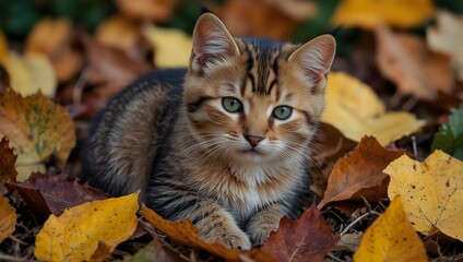 A vivid picture of a sleepy kitten nestled in a pile of colorful autumn leaves ai_generated