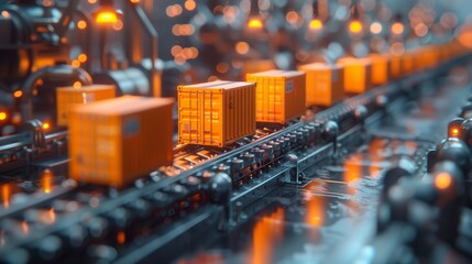 Obraz premium Automated Logistics Conveyor System. Conveyor system with orange containers moving through an industrial setting, illustrating automated logistics and material handling.