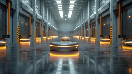 Robotic Warehouse Automation System. Series of small robots operate in a high-tech warehouse environment, showcasing advanced automation in logistics.