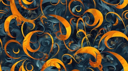 Abstract Floral Design with Golden Swirls on Dark Blue Background