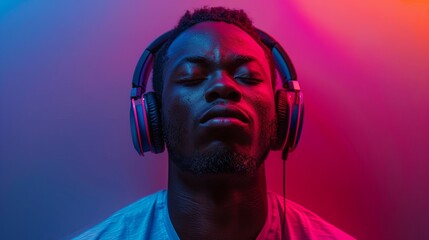 Black skin man is listening the music on neon bright background