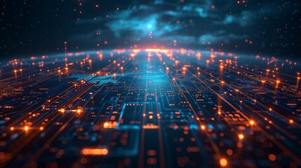 Futuristic Digital Data Network. Digital landscape representing a futuristic data network with glowing lights and circuits, depicting advanced technology and connectivity.