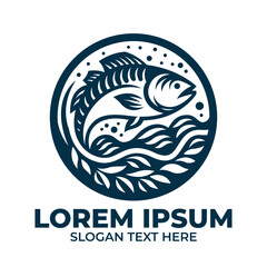 Fish swimming logo illustration vector, fishing icon, fish swimming on water with leaf illustration.