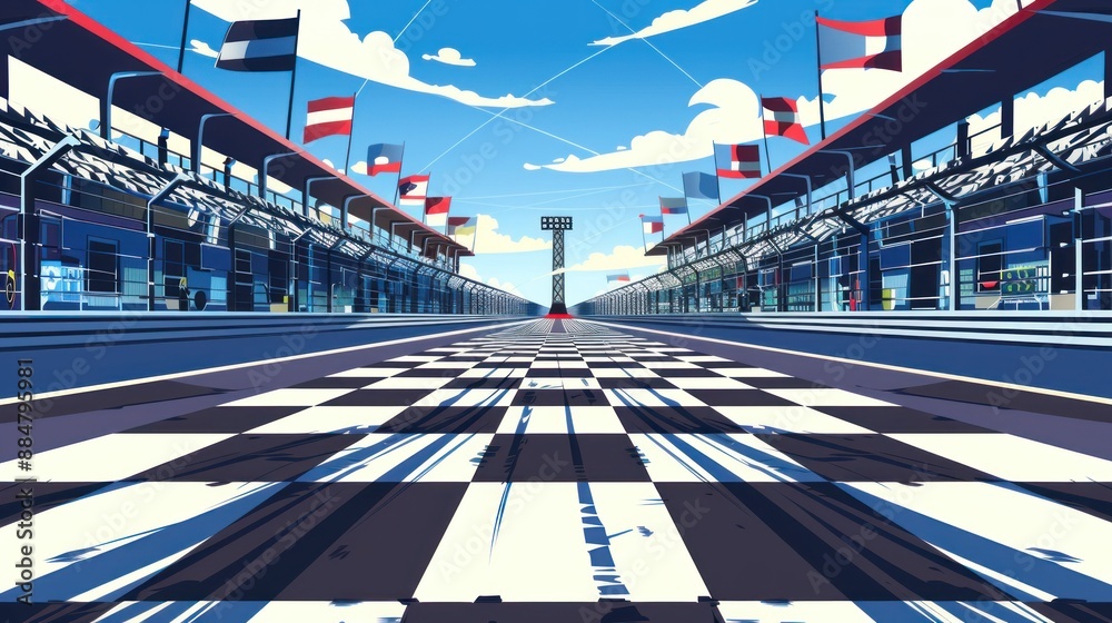 Poster Race Track Perspective with Checkered Flag Finish Line