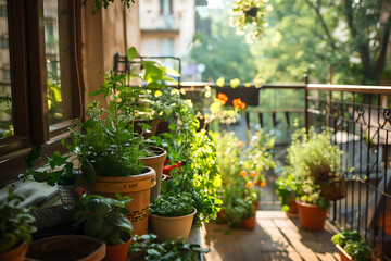 Variety of fresh herbs in pots on the terrace. Basil, oregano, rosemary, thyme, parsley