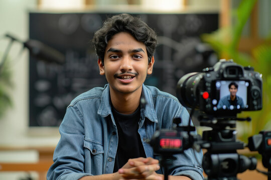 Indian young Male influencer or content creator recording a video