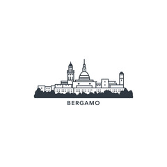 Fototapeta premium Bergamo horizon, skyline, city panorama vector flat logo icon. Italy Lombardy travel emblem idea with landmark silhouettes. Isolated black graphic
