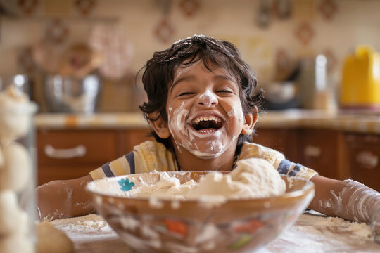 little indian boy laughs a lot, his face is smeared with dough, there is a bowl of dough on the table in front of him, modern kitchen