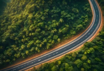 warmth view of highway in mountains, elevated camera view of the road passing through jungle