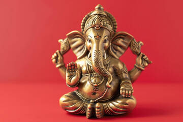 Fototapeta premium Lord Ganesha Brass Idol, placed on White floor, on red decor background