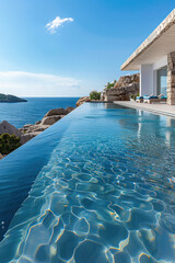 Fototapeta premium Luxurious and inviting swimming pool at a high-end home with a stunning view of the nearby sea