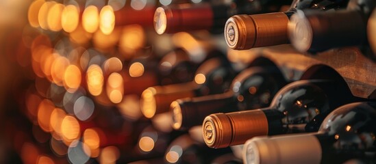 Rows of Wine Bottles in a Cellar with Warm Ambient Lighting Creating a Cozy Atmosphere