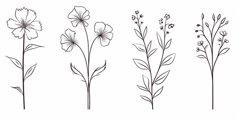 Continuous line drawing set of flowers