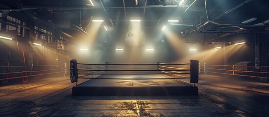 Atmospheric Boxing Ring in Industrial Warehouse with Dramatic Lighting and Smoke Effects