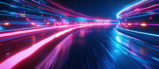 Futuristic Neon Light Trails on a Highway at Night with Starry Sky in Background