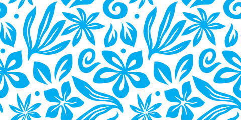 Abstract blue and white floral art seamless pattern. Trendy contemporary floral nature shape background illustration. Natural organic plants leaves prints artwork wallpaper. Vintage spring