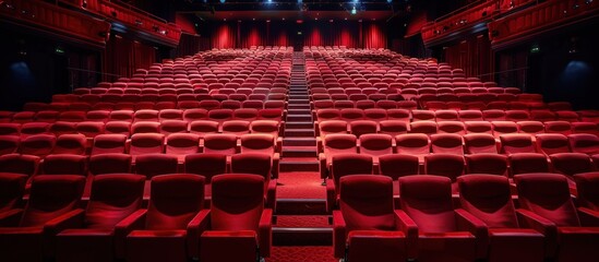 Fototapeta premium Empty Red Theater Seats in a Modern Cinema Hall with Dramatic Lighting and Red Curtains