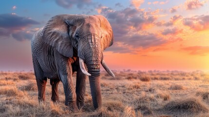 Fototapeta premium African Elephant Silhouette at Sunset, Majestic and Powerful, Twilight Baying, Wild Animals on the Move, Serengeti Landscape, Nature Photography, Wildlife Photography, Endangered Species, African