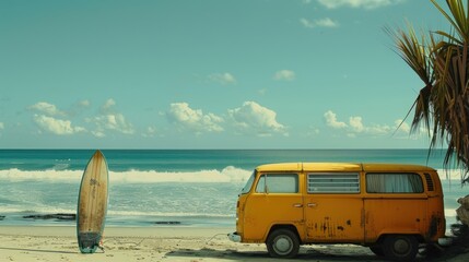 A yellow van with a surf board at the beach