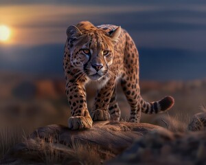 Cheetah Prowling Under Full Moon, A Majestic Nighttime Scene in the African Savanna, Wildlife Photography, Nature Photography, Animal Photography, Moonlit Night, Predatory Mammal, Cheetah Hunting