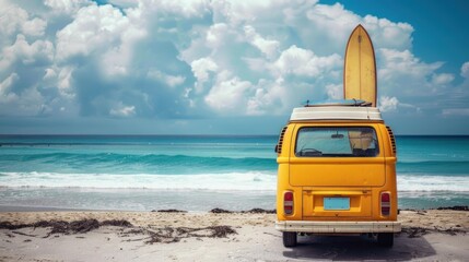 A yellow van with a surf board at the beach