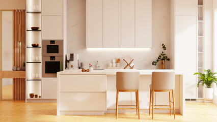 Modern kitchen with sleek white cabinetry, a spacious island with barstools, and a well-organized cooking area illuminated by natural light- 3D rendering